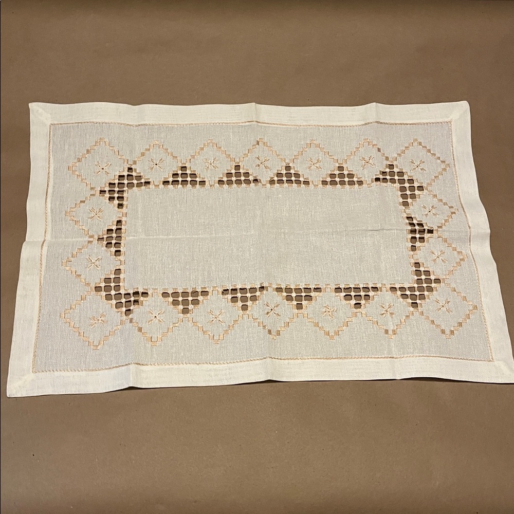 Vintage Hardanger Embroidery Cream Lace Small Table Runner
